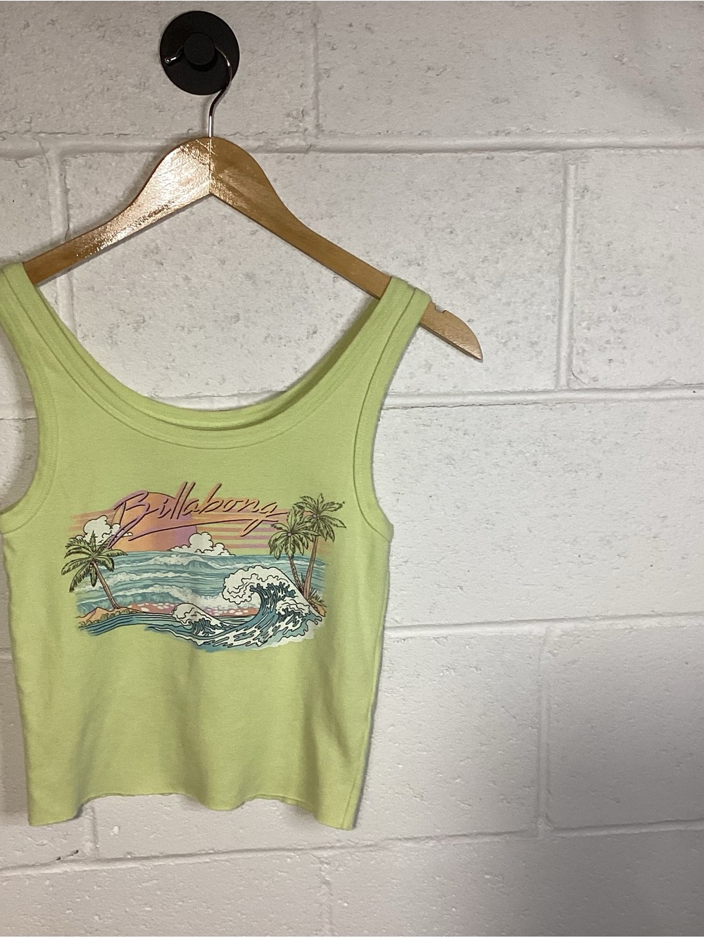 Billabong Light Lime Graphic Crop Tank with Surf Print